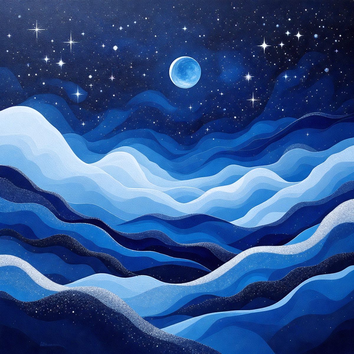 The primary subject of the image is a painting of a mountain range at night, with a moon in the sky. The setting is a dark, star-filled sky, and the visual style is a digital art or illustration. The dominant colors are blue and black, creating a serene and dramatic atmosphere.